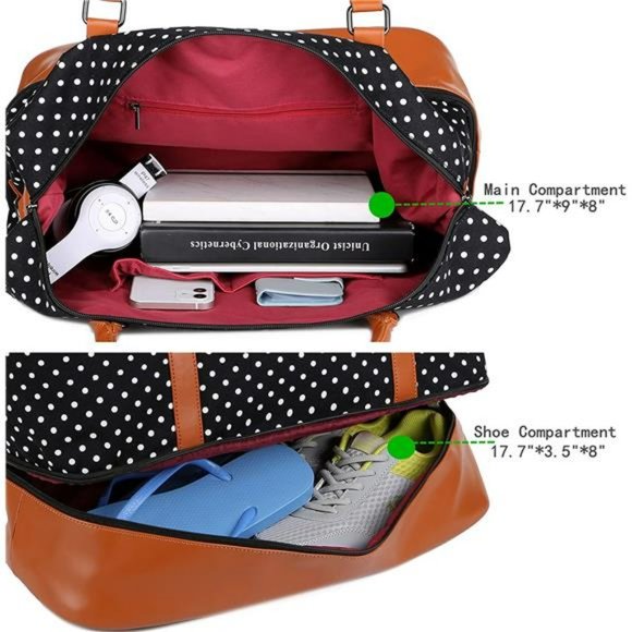 Leather Large Travel Duffel Tote Bag Carry On With Shoe Compartment (Black) - Picture 5 of 14